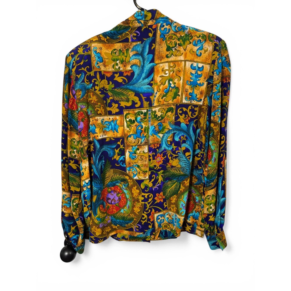 Vintage Bob Mackie Silk‎ Blouse Womens 6 Blue Baroque Floral Shawl Collar Top - Picture 7 of 11